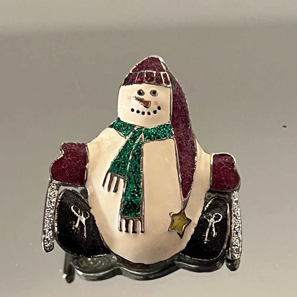 BROOCH Holiday Festive Snowman Wearing Skates, Scarf and Hat
